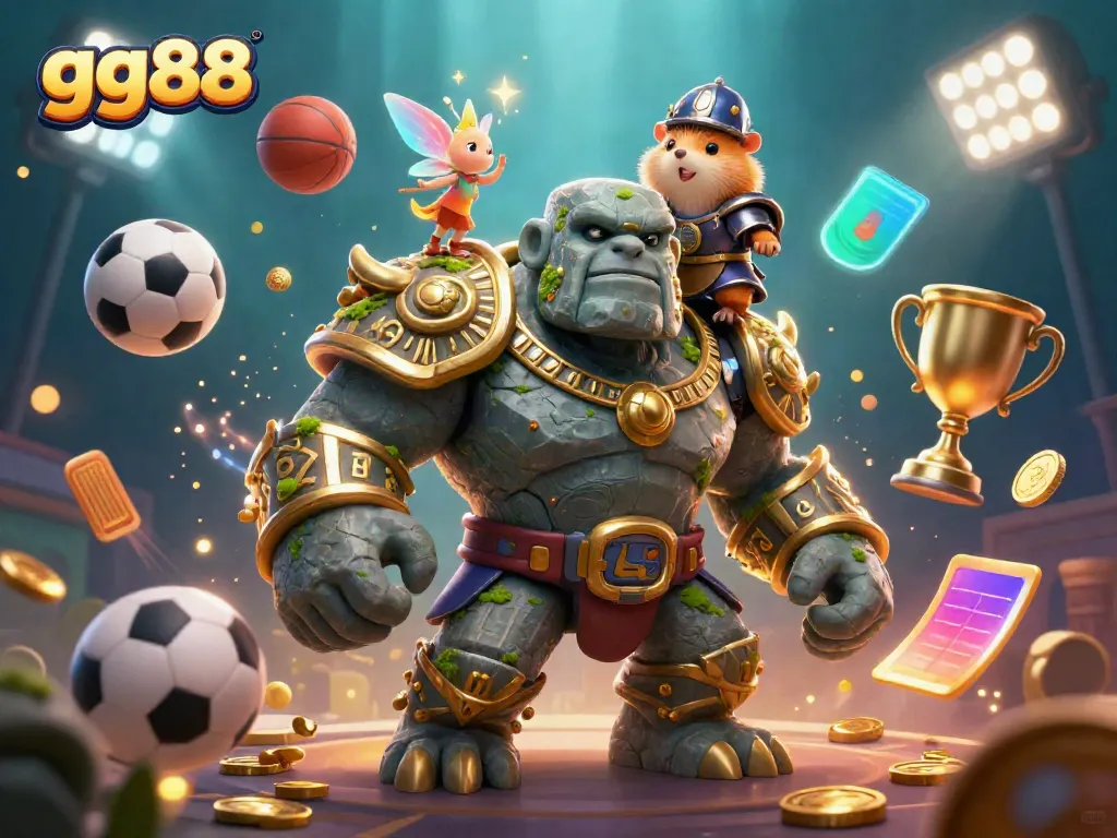 Engage in thrilling gameplay at gg88 with a 3D casino scene featuring a magical golem, a fairy, and a hamster knight.