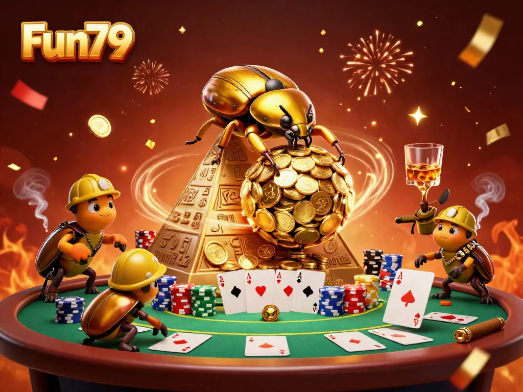 Fun79 showcases a golden beetle rolling coins in a dynamic casino scene filled with poker elements.