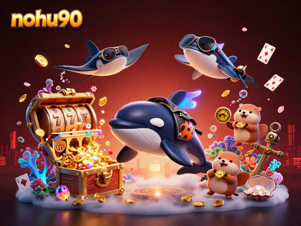 Experience thrilling slots at nohu90 with a vibrant underwater scene featuring charming characters and gold coins.