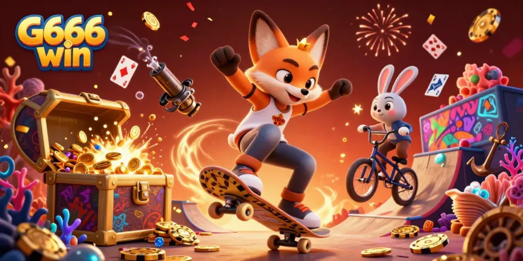 Experience G666 win in a vibrant 3D scene with animated casino characters and exciting gaming elements.