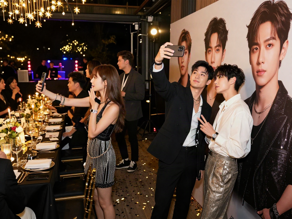 Exciting social event featuring guests celebrating and discovering celebrities look alike with glamorous decor.