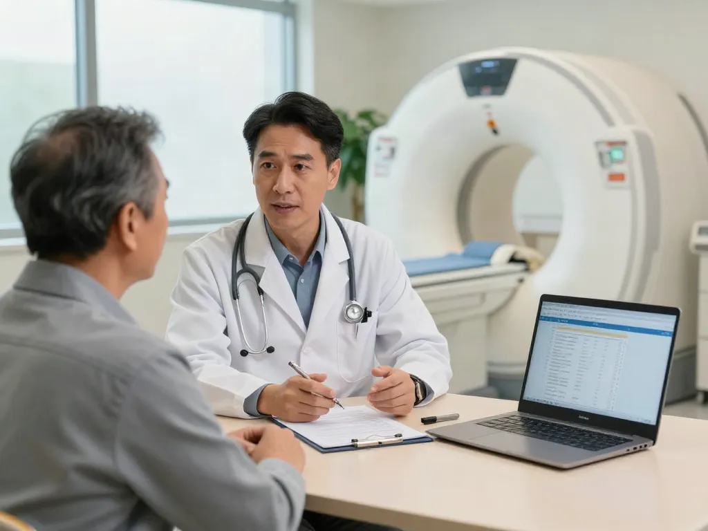 Prostate cancer treatment in Abu Dhabi: Doctor consulting patient about advanced options in a modern hospital.