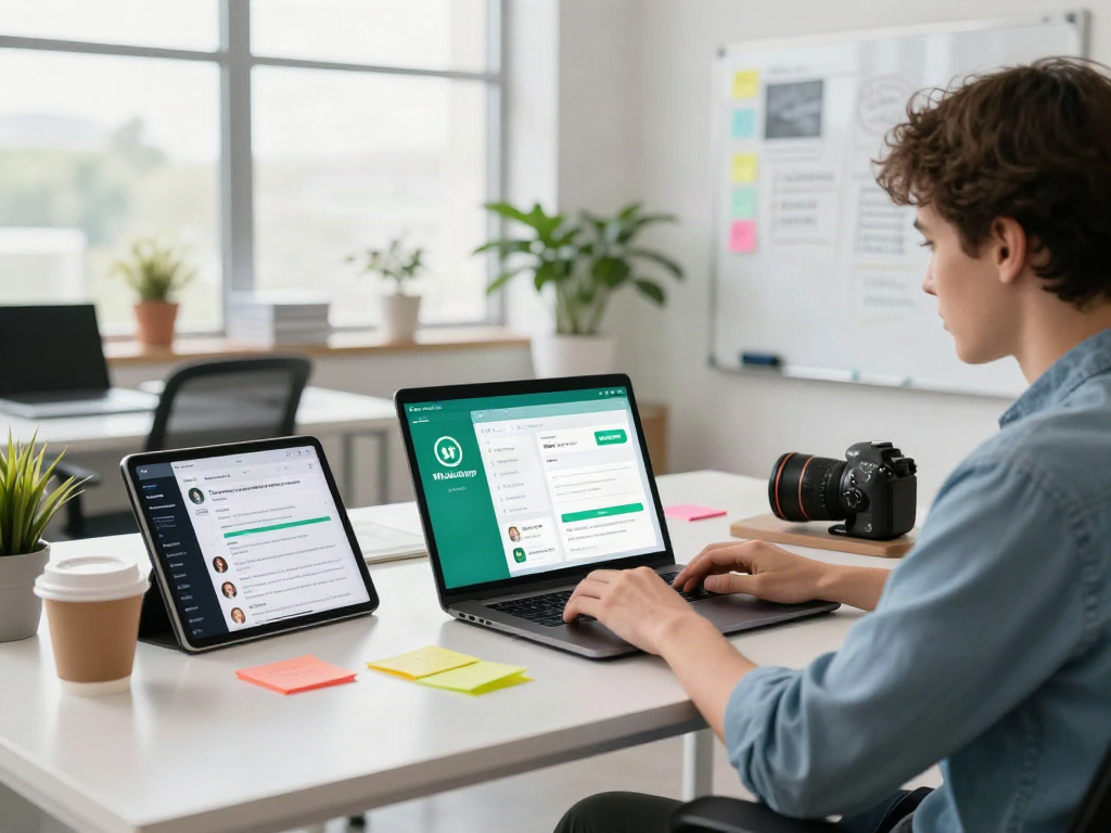 Developer creating features for gb whatsapp on a laptop, colorful sticky notes, bright office setting.