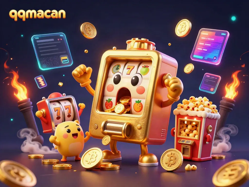 Celebrate wins with qqmacan's vibrant slot machines and glowing crypto coins in this thrilling scene.