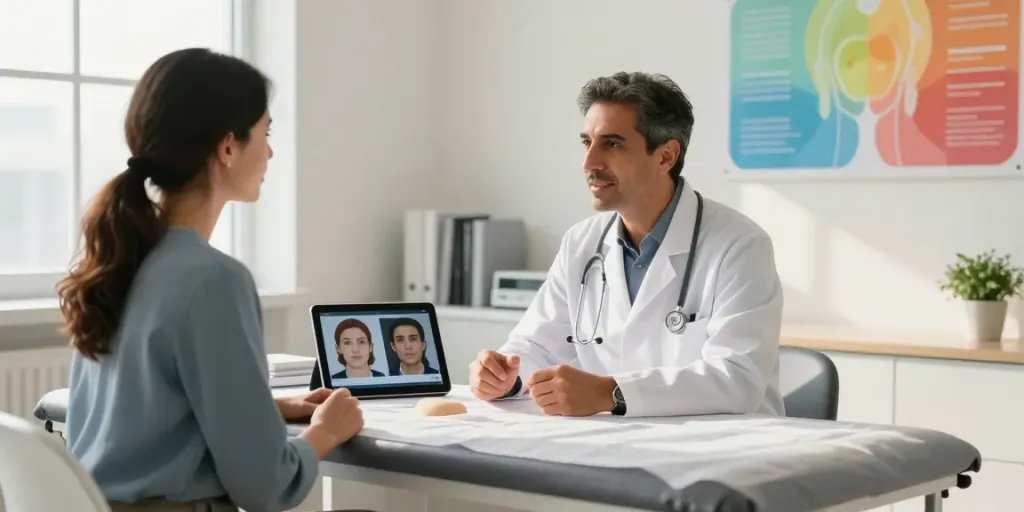 Dr. Zahi Abou Chacra consulting with a patient in a medical office, highlighting his expertise in rhinoplasty.