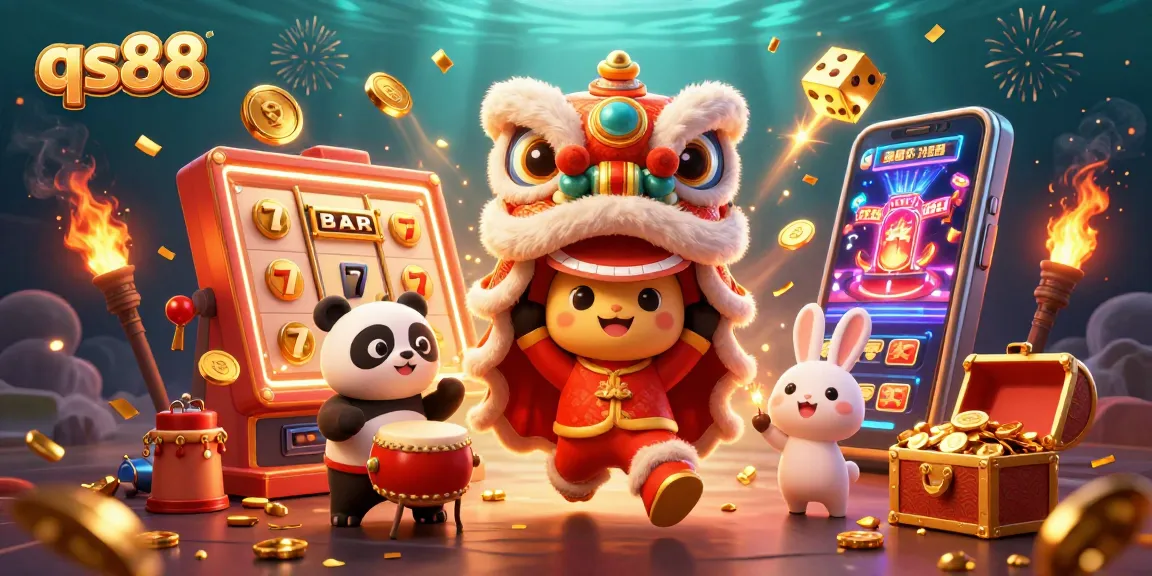 Experience the excitement of qs88 with a dynamic 3D illustration of lion dance characters amidst vibrant casino games.