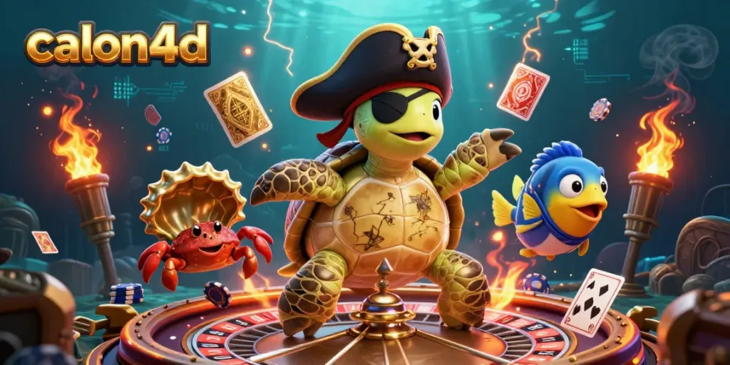 Permainan kasino online di calon4d dengan karakter kartun 3D, dealer, dan elemen permainan.