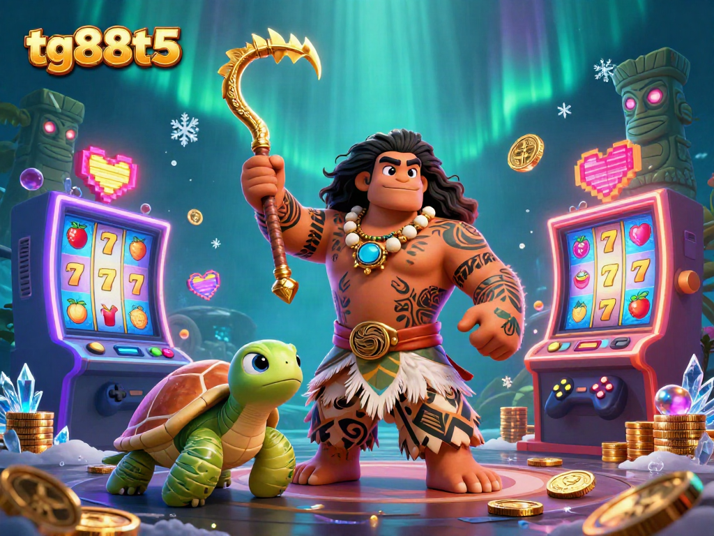 Experience tg88t5 with a captivating casino-themed scene featuring a Polynesian hawk and vibrant slot machines.