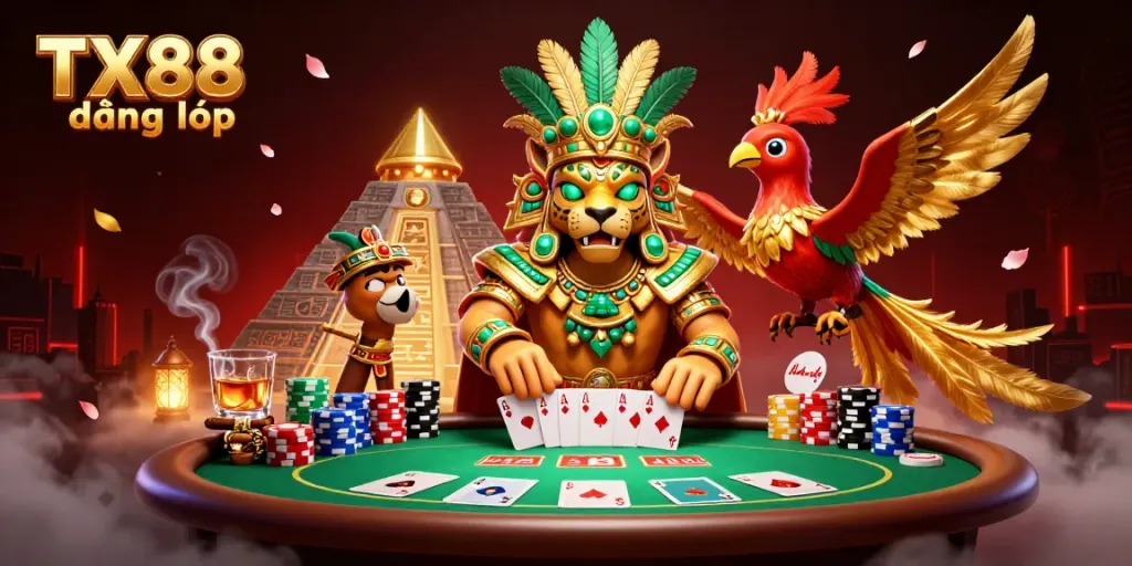 Experience the excitement of TX88 đăng nhập with vibrant casino action featuring dynamic characters and poker elements.