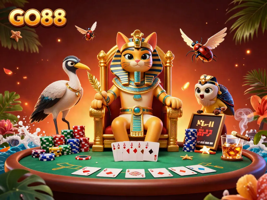 Engage with GO88's exciting gaming atmosphere, featuring royal cat characters and casino elements.