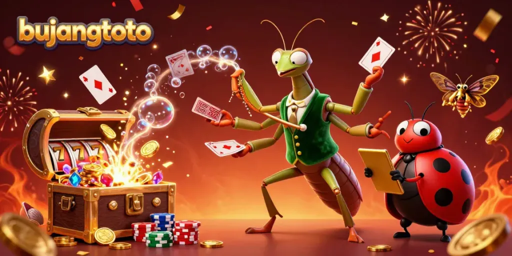Experience the excitement of Bujangtoto with a giant praying mantis card sharp and vibrant casino elements.
