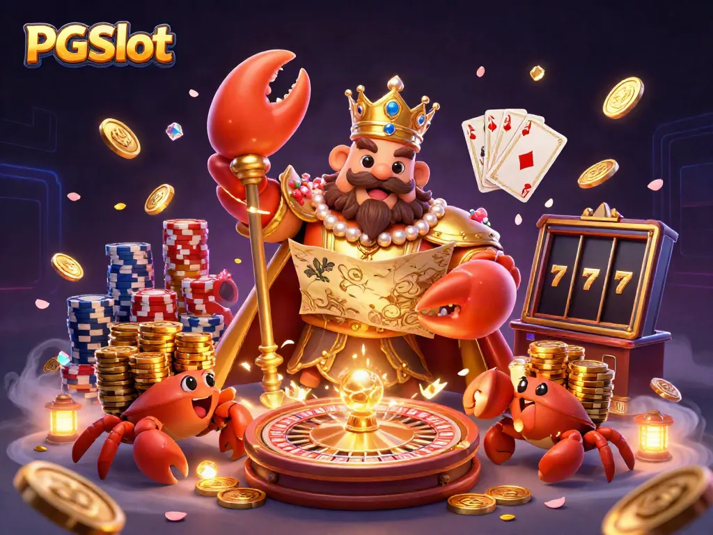 Experience PGSlot excitement with a golden crab emperor amidst cascading coins and vibrant gaming elements.