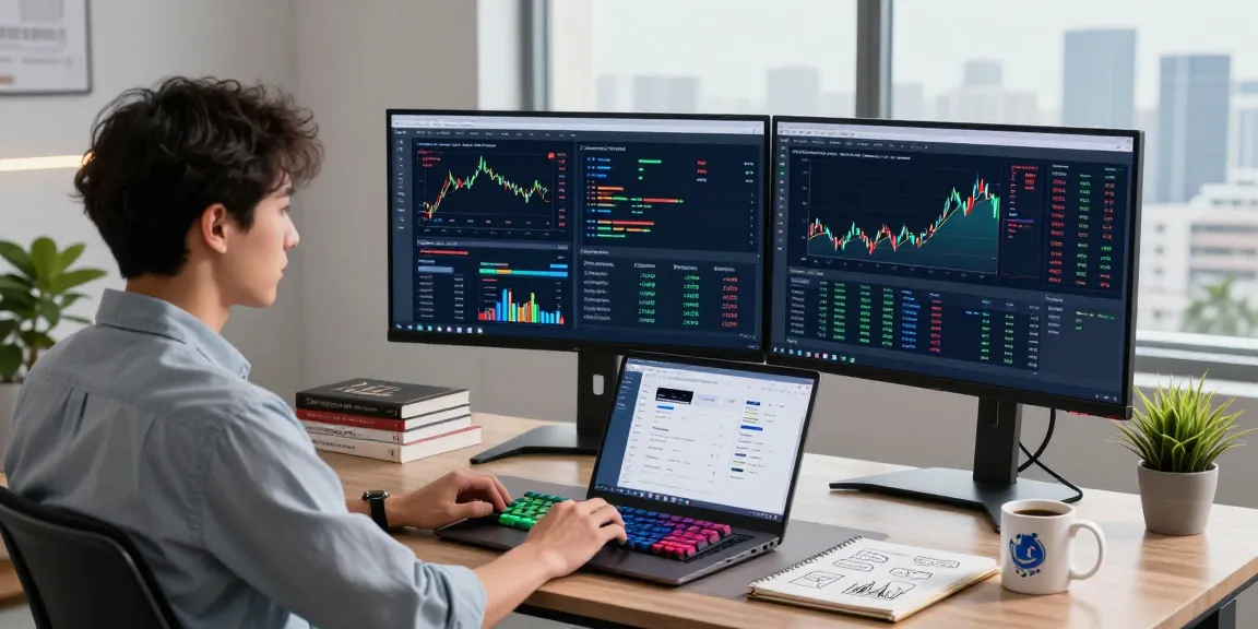 Developer analyzing real-time data using the TOPIX index quote API in a modern workspace setup featuring coding displays and stock performance graphs.