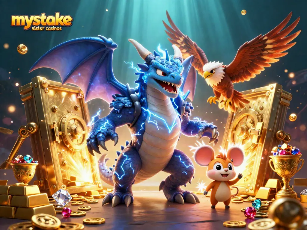 Spin and win at mystake sister casinos featuring a thunder dragon and golden treasures.