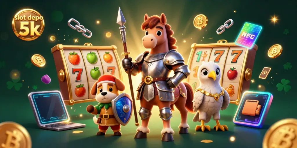 Experience winning with slot depo 5k in a vibrant casino-themed illustration featuring immersive game elements.