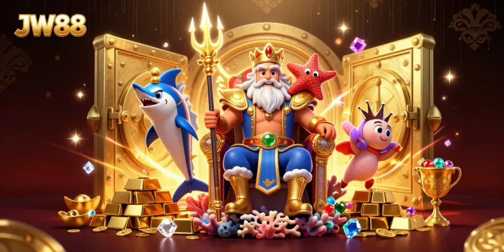 JW88 captivates players with an exciting casino scene featuring Neptune and treasures.