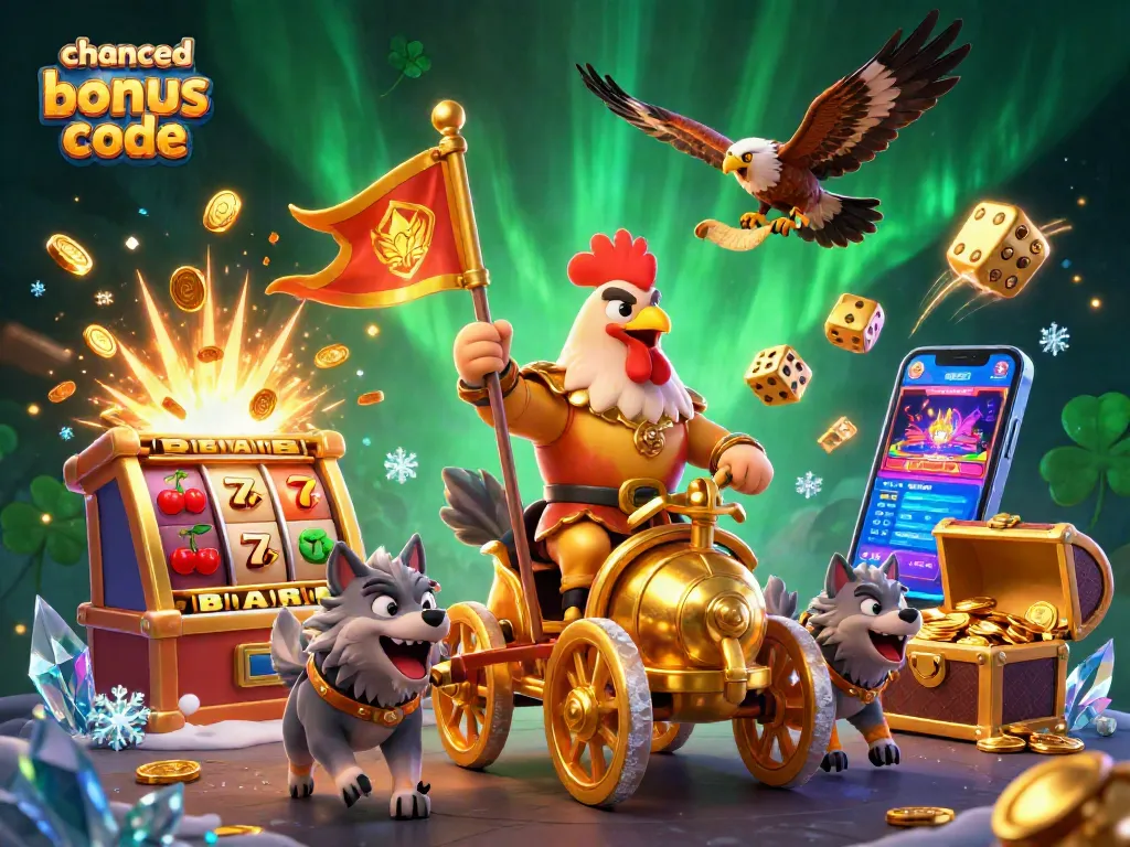 Captivating 3D illustration showcasing the chanced casino bonus code amidst dynamic casino elements like slots, coins, and vibrant characters.