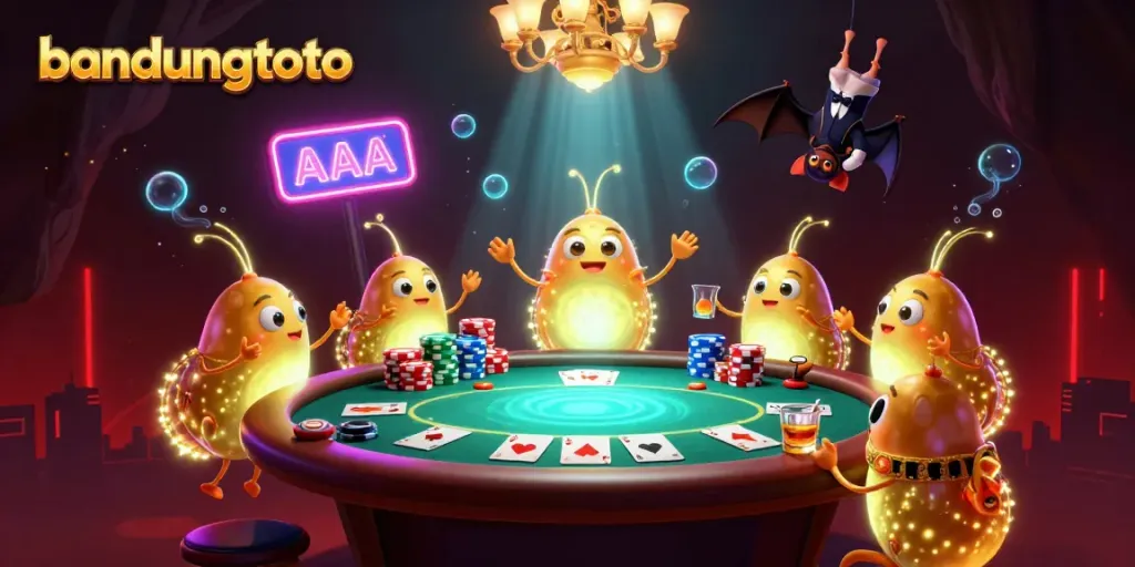 Experience the excitement of bandungtoto as glowworms illuminate a vibrant casino scene full of poker action.