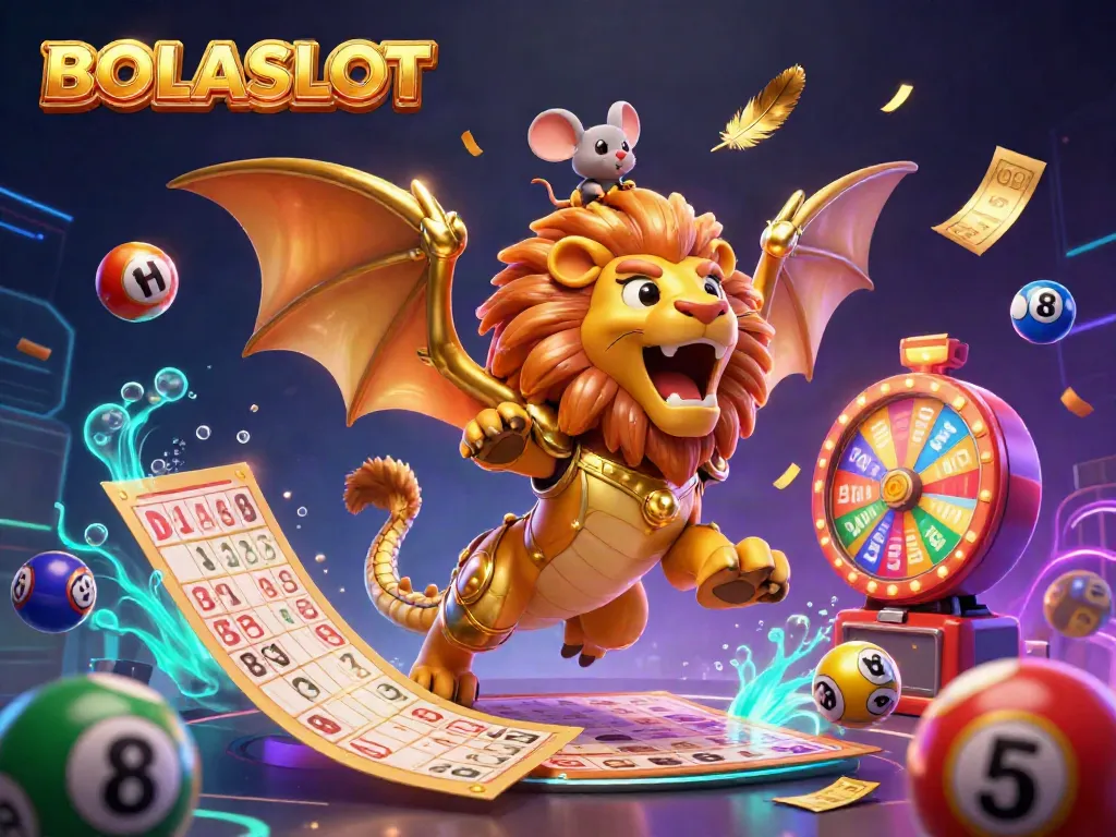 BOLASLOT creates a vibrant scene featuring a golden-armored chimera with a mouse jockey, surrounded by colorful lottery elements.
