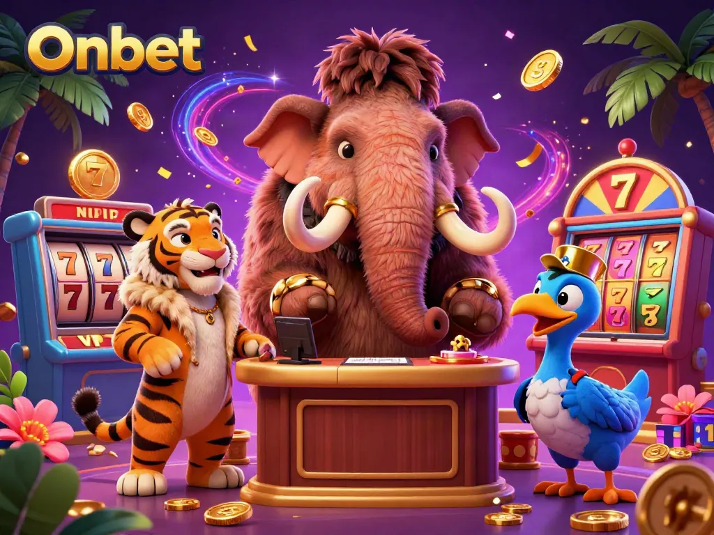 Engage in thrilling gameplay at Onbet with a vibrant casino scene showcasing characters and lively gaming elements.