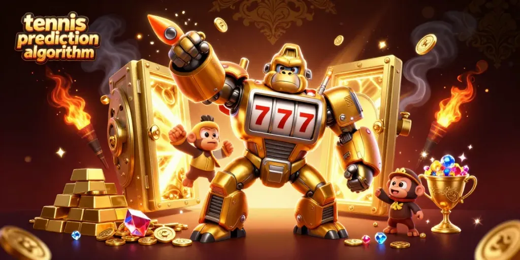 Engage with the tennis prediction algorithm, featuring a dynamic 3D gorilla mech amidst casino riches.