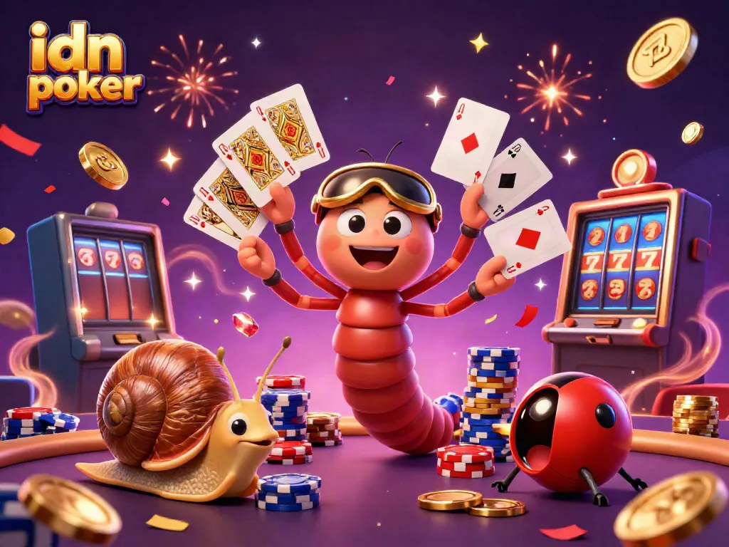 Permainan idn poker yang menarik dengan karakter dealer kartun dan chip taruhan besar.