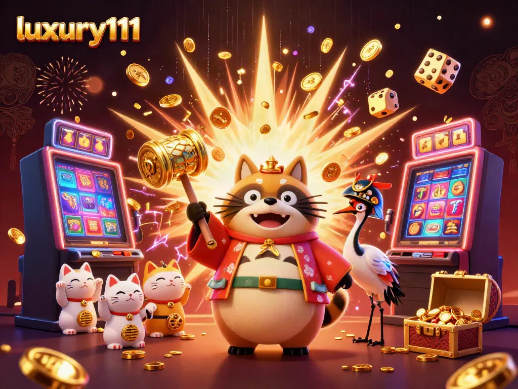 Engage with luxury111's vibrant casino experience featuring a cheerful tanuki, jackpot symbols, and immersive gaming elements.