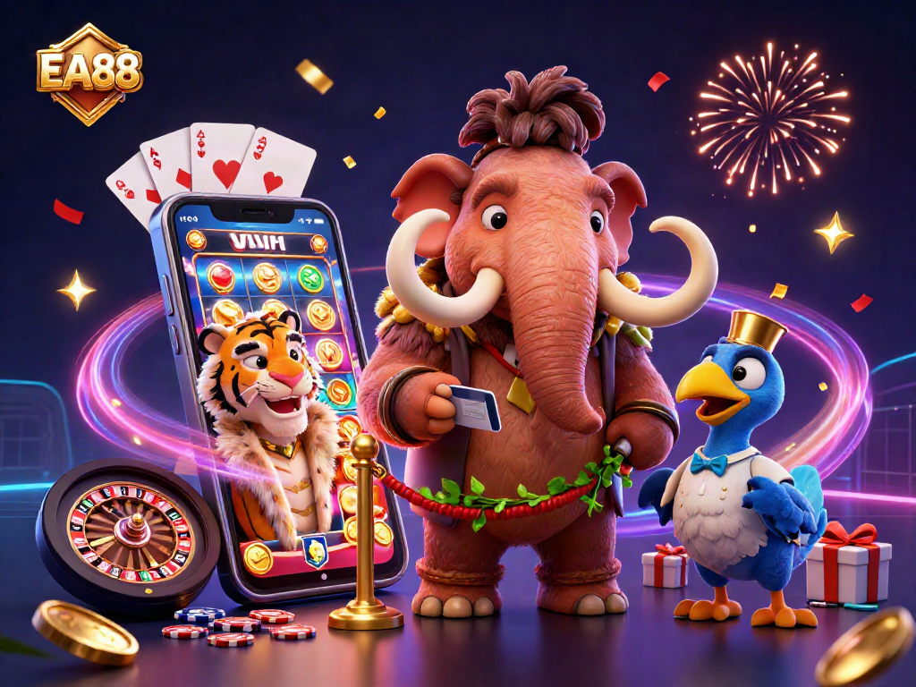 EA88 casino scene featuring a woolly mammoth bouncer, saber-tooth guest, and lively gambling elements.