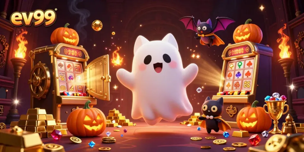 Experience the thrill of ev99 with a ghostly cat and vampire bat amidst glowing treasures and haunted slots.