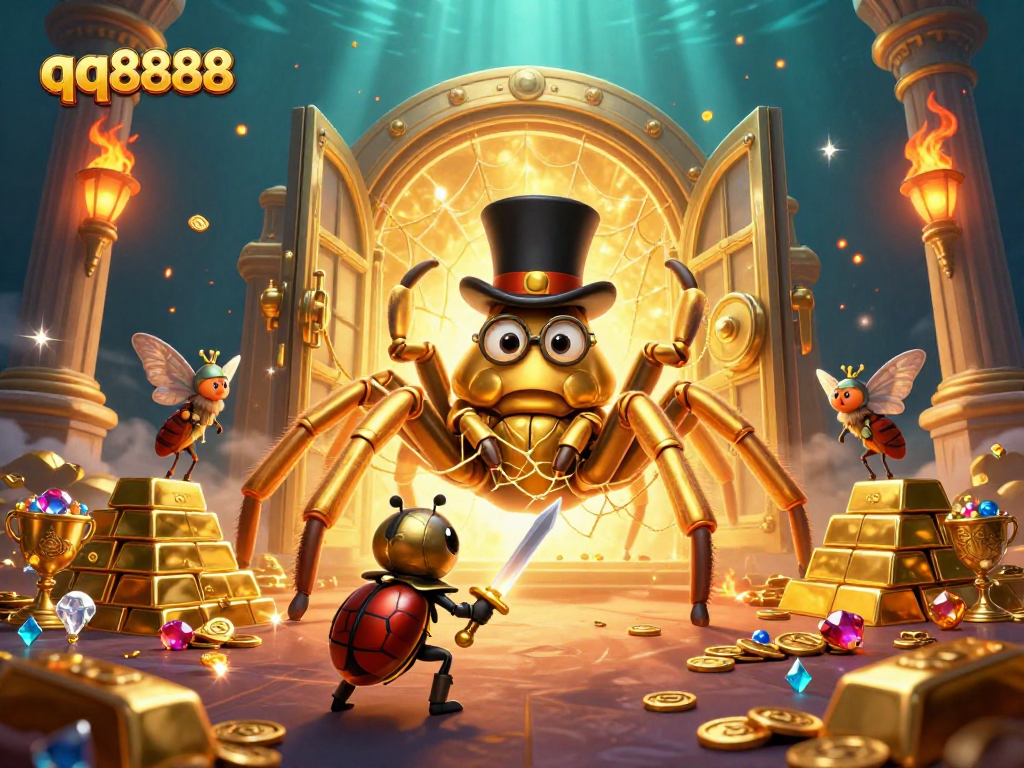 Join the qq8888 adventure with vibrant characters in a dazzling casino scene filled with treasure.