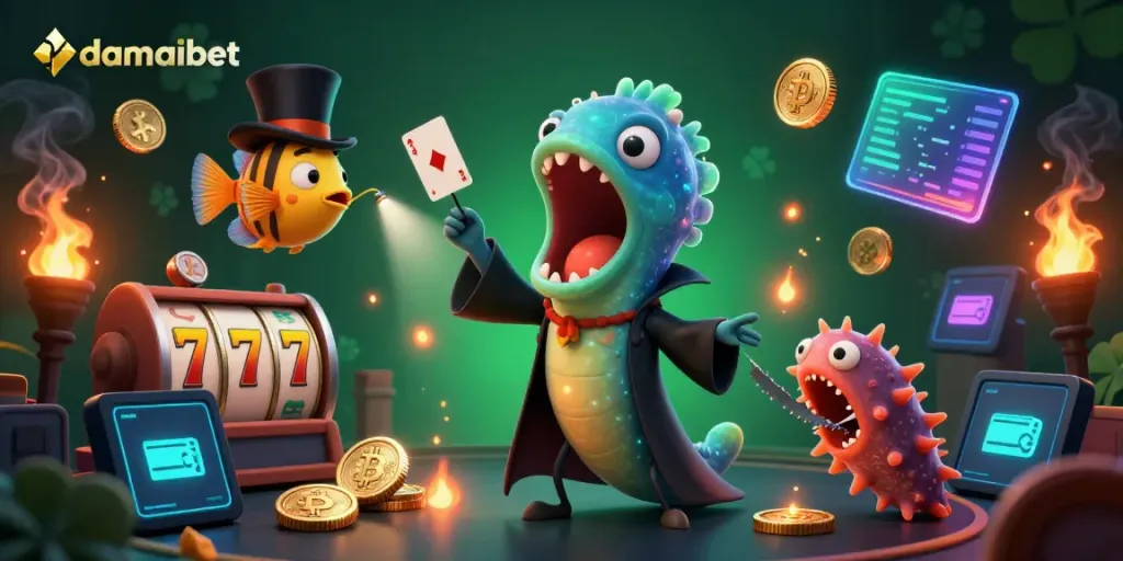 Damaibet offers an engaging magic-themed illustration with unique gambling elements, showcasing a gulper eel, anglerfish, and a sea cucumber in an underwater casino.
