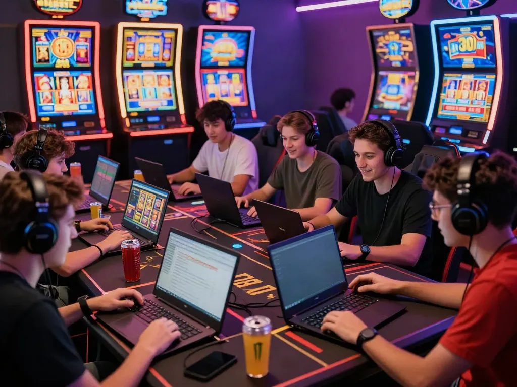 Players enjoying สล็อต games at a vibrant online casino, showcasing excitement and community.