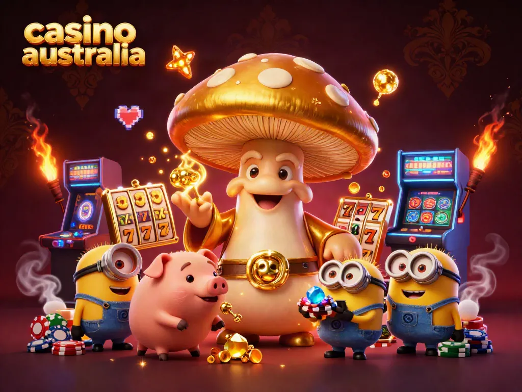 Exciting casino australia scene featuring a magical wizard, a truffle pig, and vibrant gaming elements.