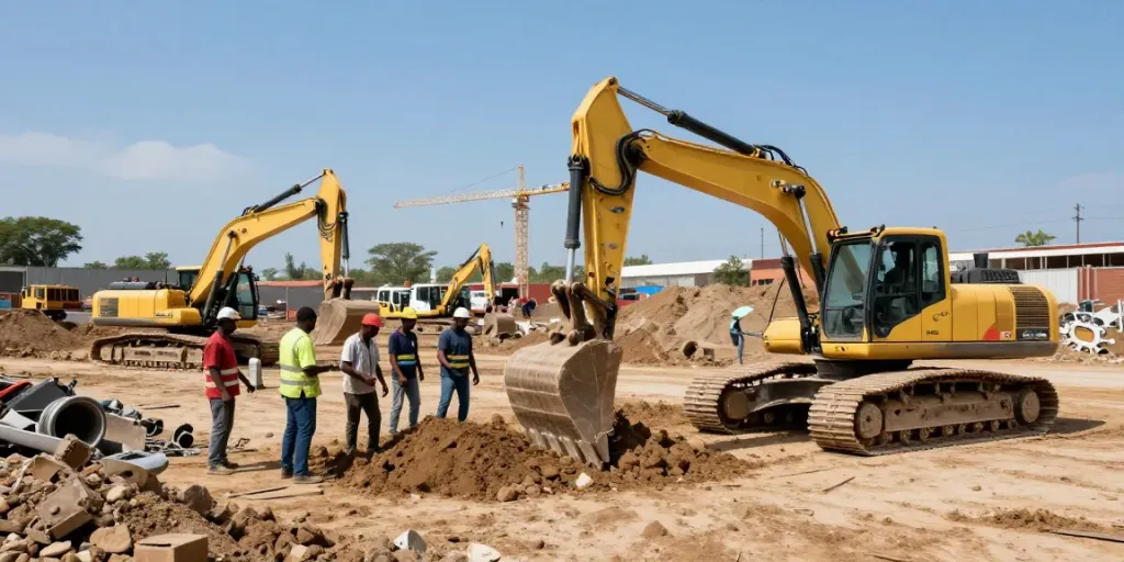 Panafrican Equipment at a bustling construction site with machinery and workers in action.