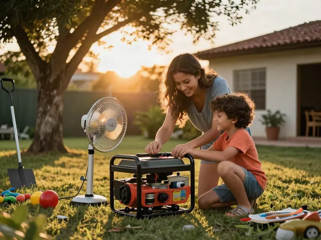 Plantas eléctricas en Venezuela en uso familiar durante apagón, generador conectado a lámpara y ventilador, ambiente acogedor y hogareño.