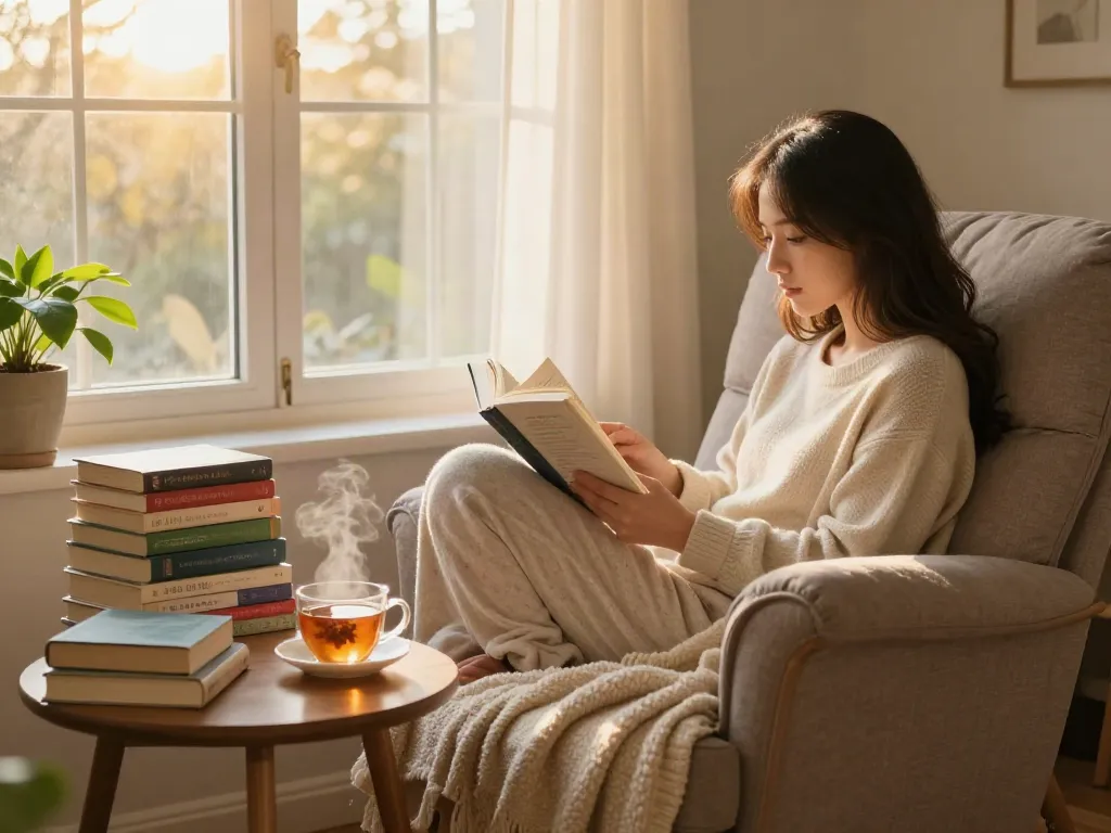 Person enjoying a quiet afternoon in a cozy reading nook, capturing the moment of "I was reading this."