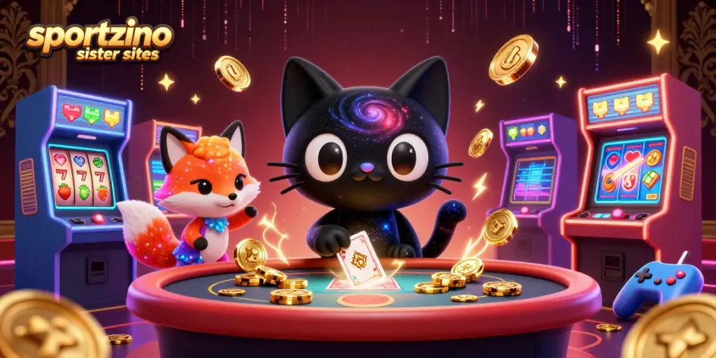 Experience the thrill at sportzino sister sites with cosmic characters in a vibrant casino setting.