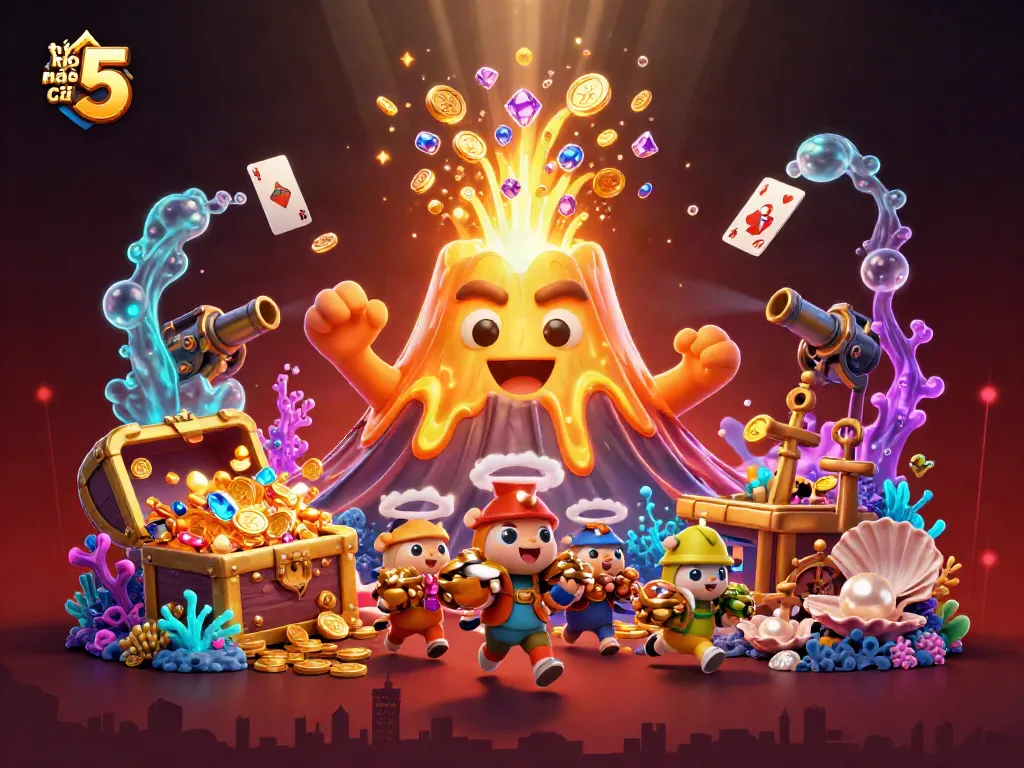 Engage with tỷ lệ kèo nhà cái 5 in a vibrant 3D scene featuring erupting volcano and treasure
