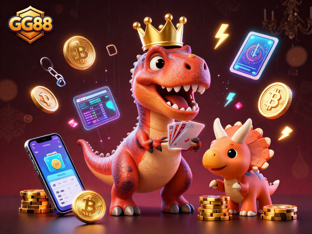 Experience the excitement at GG88 with a vibrant 3D illustration of a T-Rex and friends engaging in lively casino action.