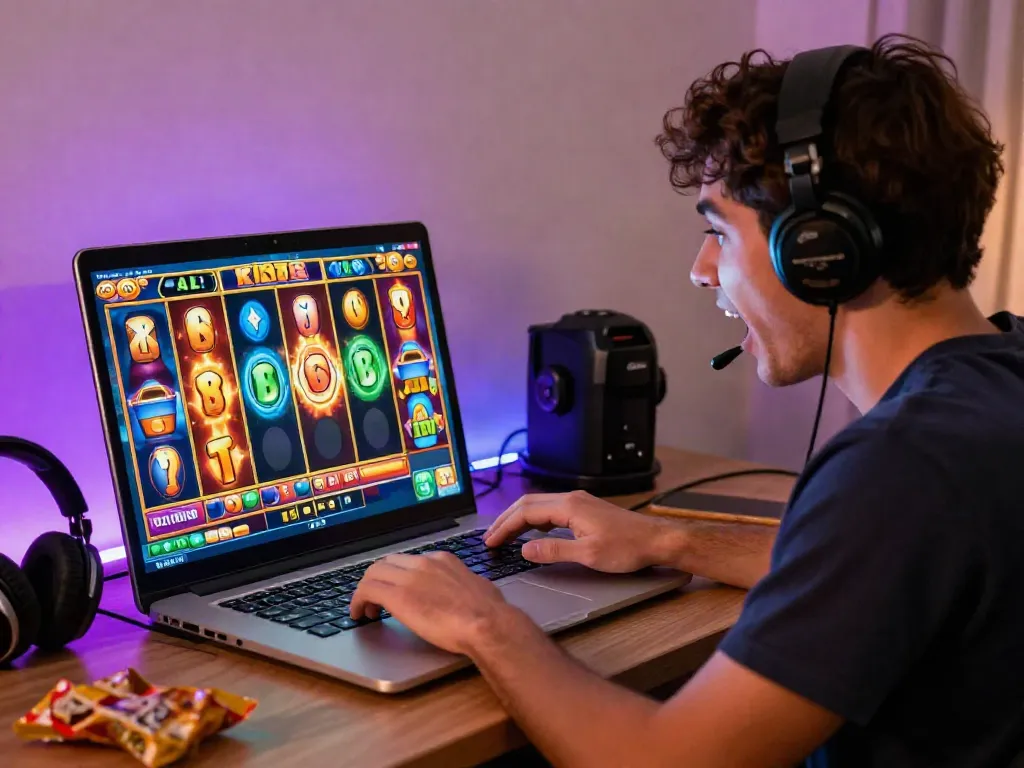 Player engaging with a slot game on a laptop, showcasing thrilling online gaming.