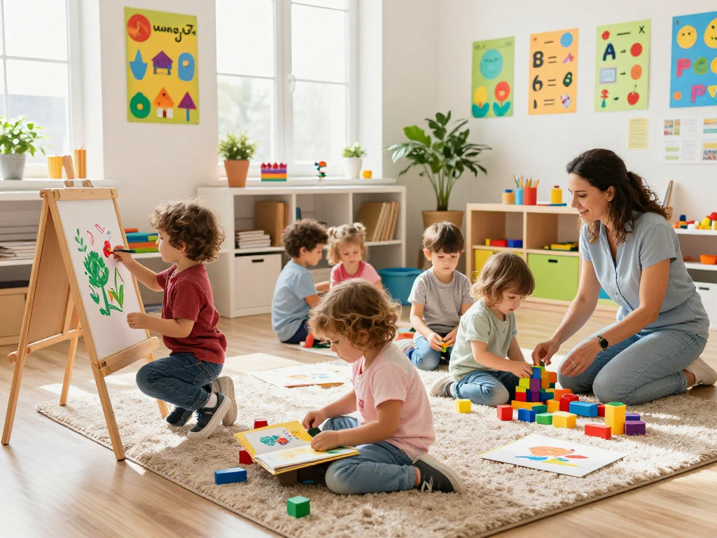 Engaging preschool classroom scene promoting inquiry-based learning for children seeking kindergarten near me.