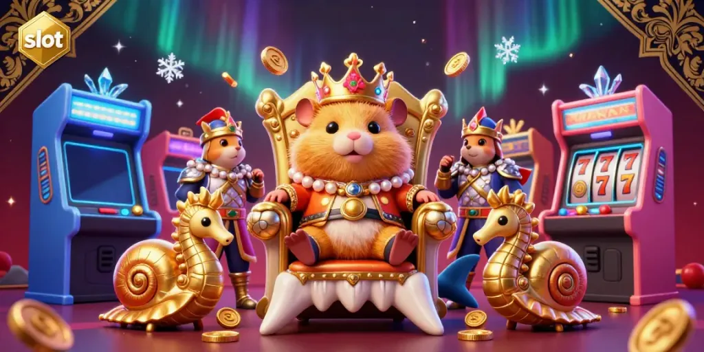 Spin the slot reels in a vibrant 3D casino scene featuring a hamster king on a megalodon throne.