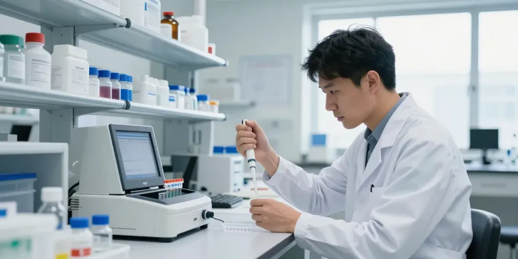 A scientist preparing a1 compounds peptides in a modern lab environment.