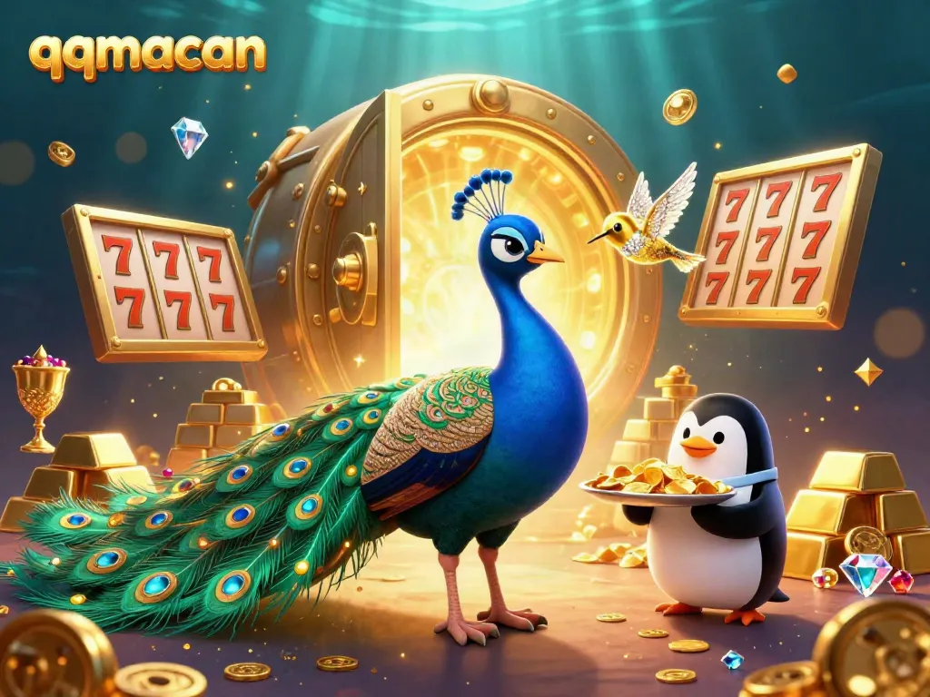 Experience qqmacan with animated characters in a vibrant casino-themed digital illustration.