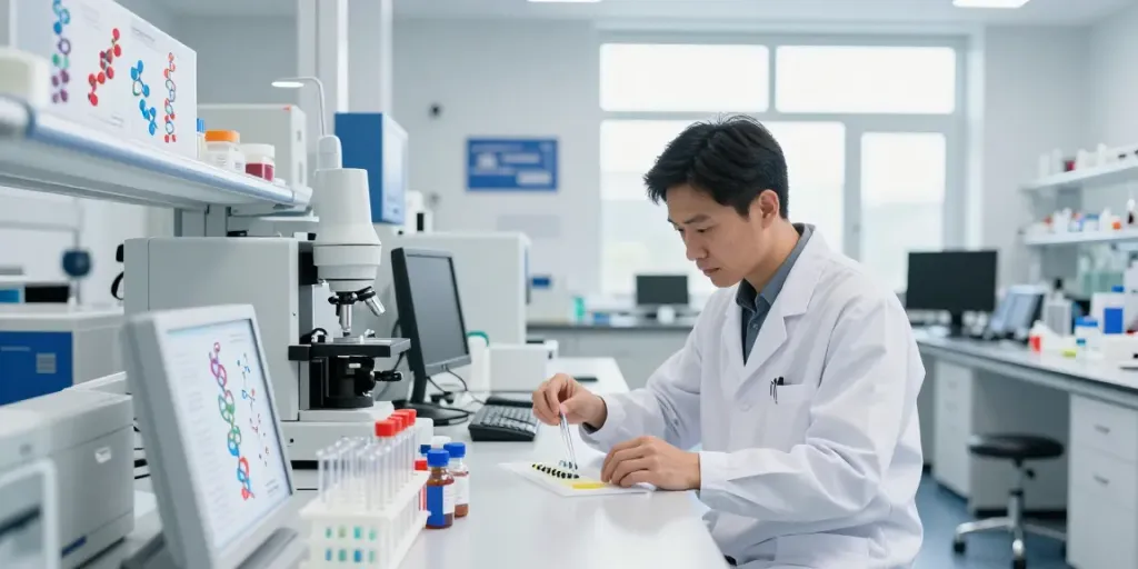 Scientist analyzing how much are peptides in a bright lab setting.