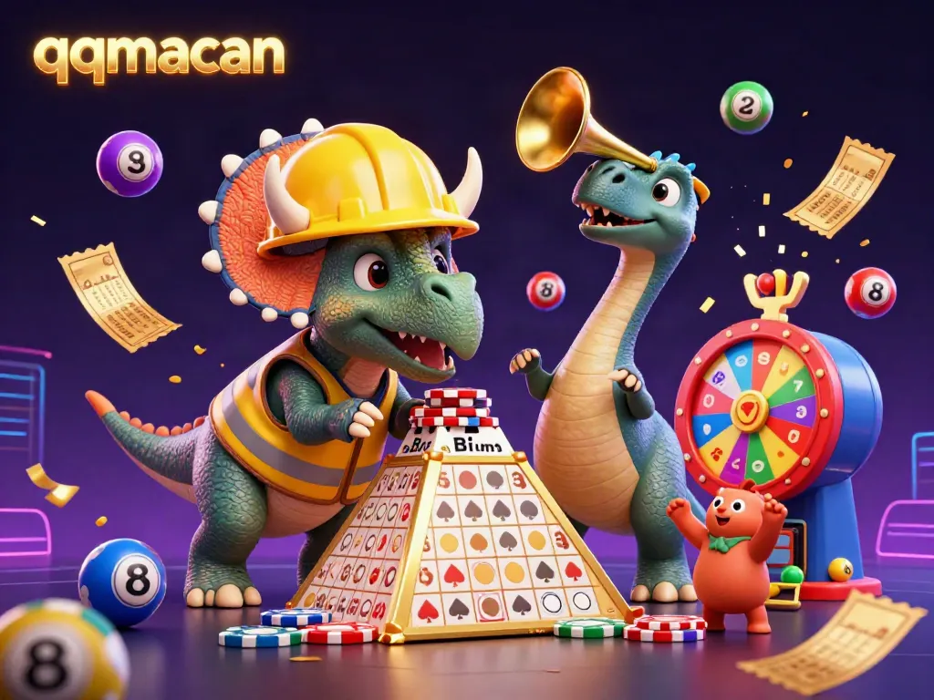 Experience the dynamic excitement of qqmacan with cartoon characters celebrating around bouncing lottery balls and gaming elements.