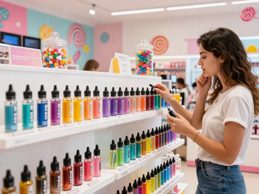 Enjoying a vibrant selection of Pop Clouds e-liquids in a colorful vape shop.