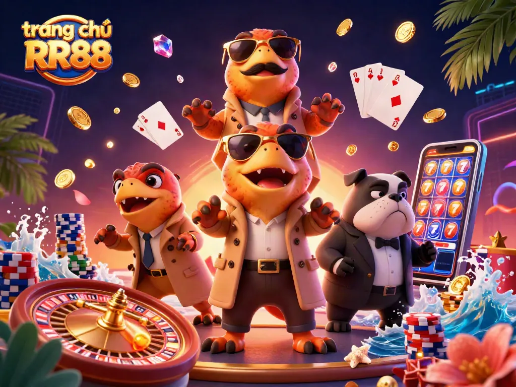 Engage with the vibrant casino scene on trang chủ RR88 featuring animated raptors and sparkling elements.