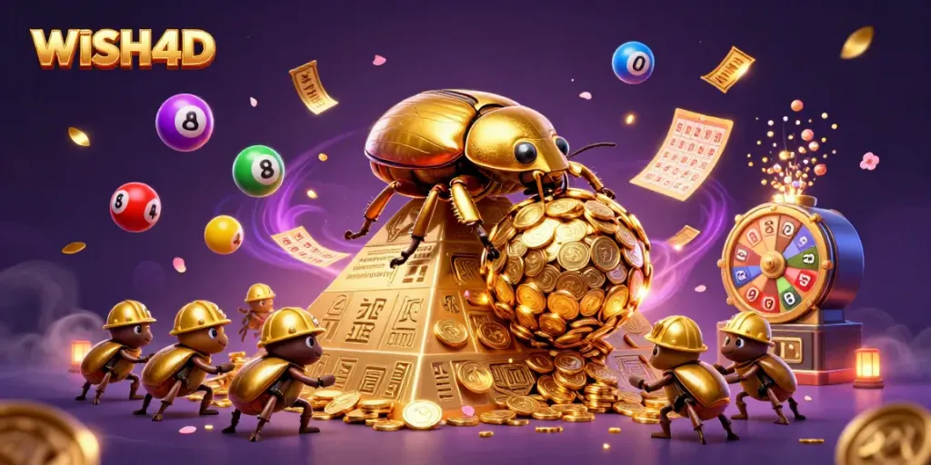 Experience WISH4D with a golden dung beetle and colorful lottery elements in an energetic casino scene.
