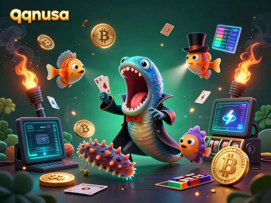 qqnusa showcases enchanting gambling magic with a bioluminescent eel and vibrant casino elements.
